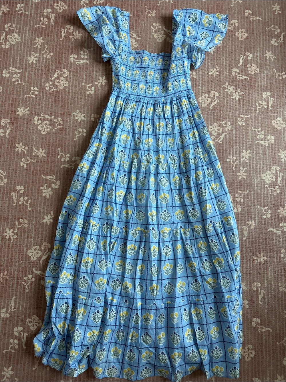 Blue Floral Smocked Maxi Dress